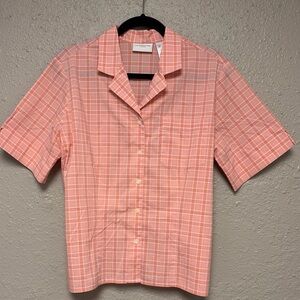 Liz Claiborne Lizsport Shirt Large Pink Plaid Seersucker Gingham Coastal Granny